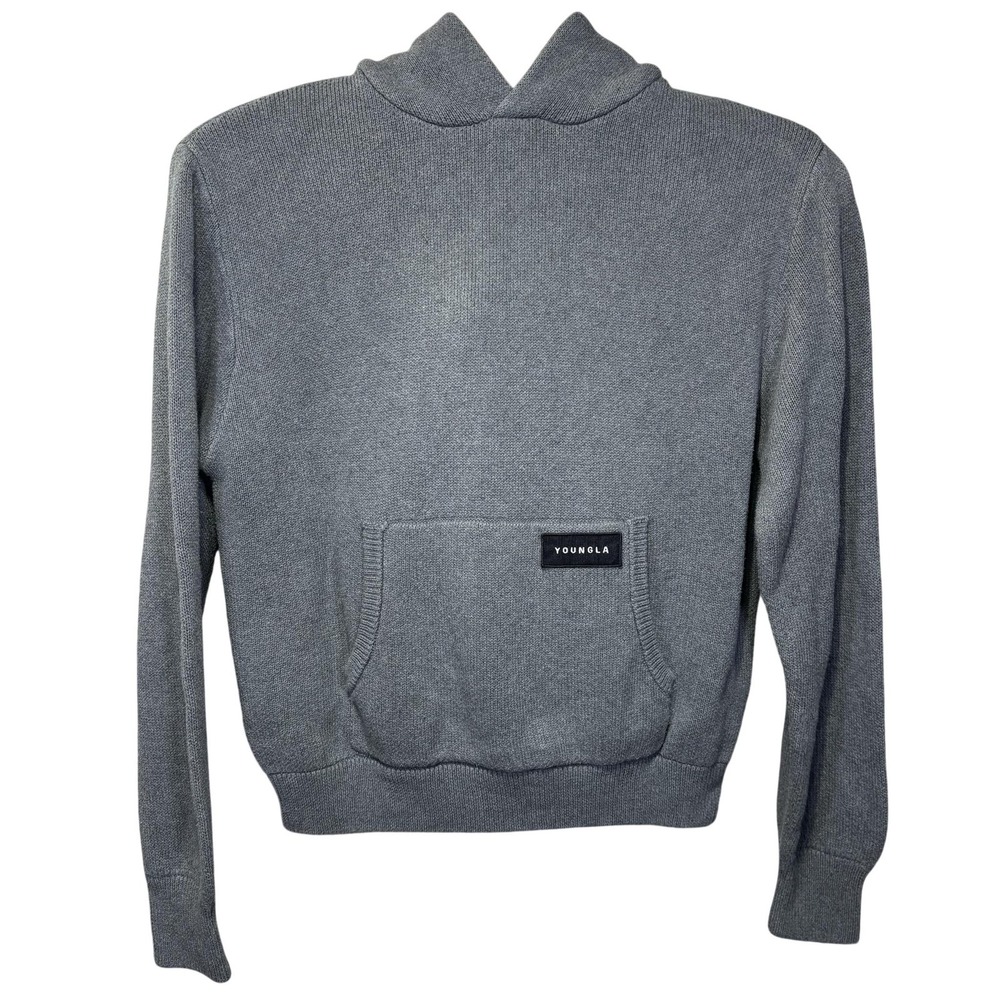 YoungLA Hoodie Mens XL Gray Knit Pullover Kangaroo Pocket Logo Sweatshirt